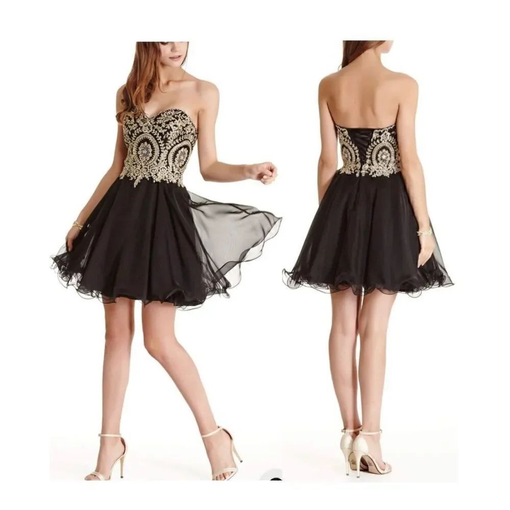 Erose Chiffon A Line Short Crystals Corset Gold Lace Dress